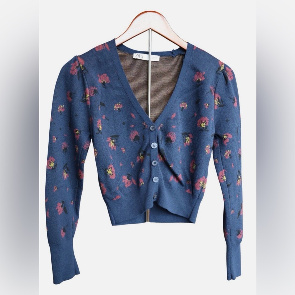 Zara Floral Knit Cropped Cardigan V Neck Button Front Colorful Chic Blue Small - Picture 7 of 15